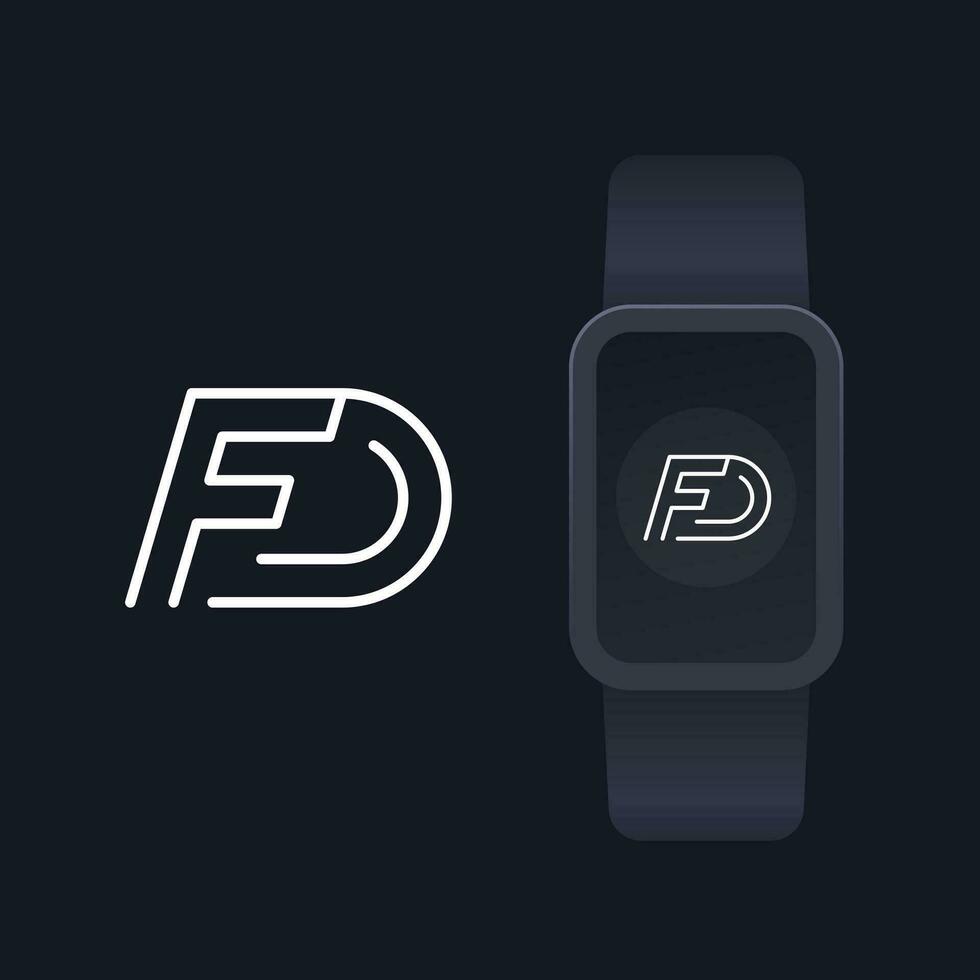 FD monogram, letters, logo line design with smart watch mockup vector