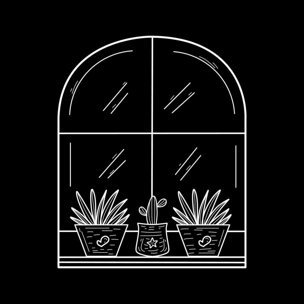 Vector hand-drawn illustration of window lineart sill with decorative plants.