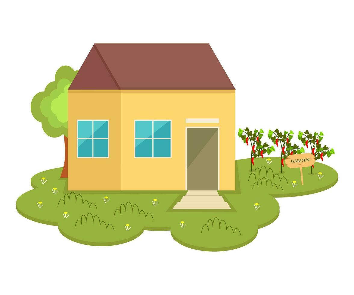 Vector illustration of house with small garden, flat illustration.