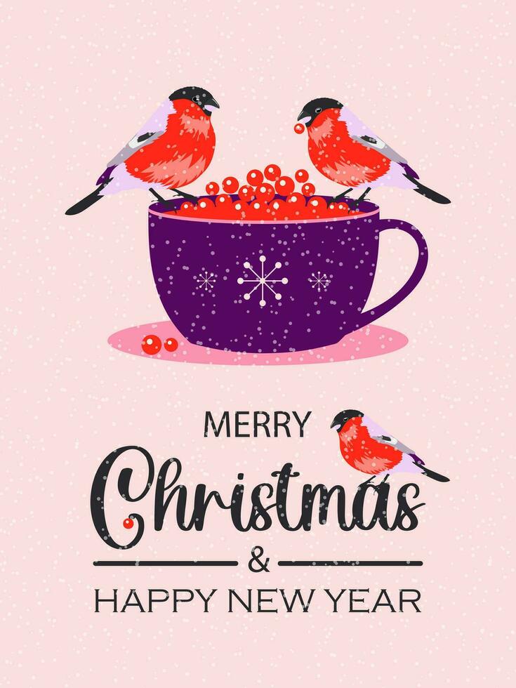 Bullfinches sit on a purple cup with red holly berries. Christmas cute card on pink vertical background. Vector. vector