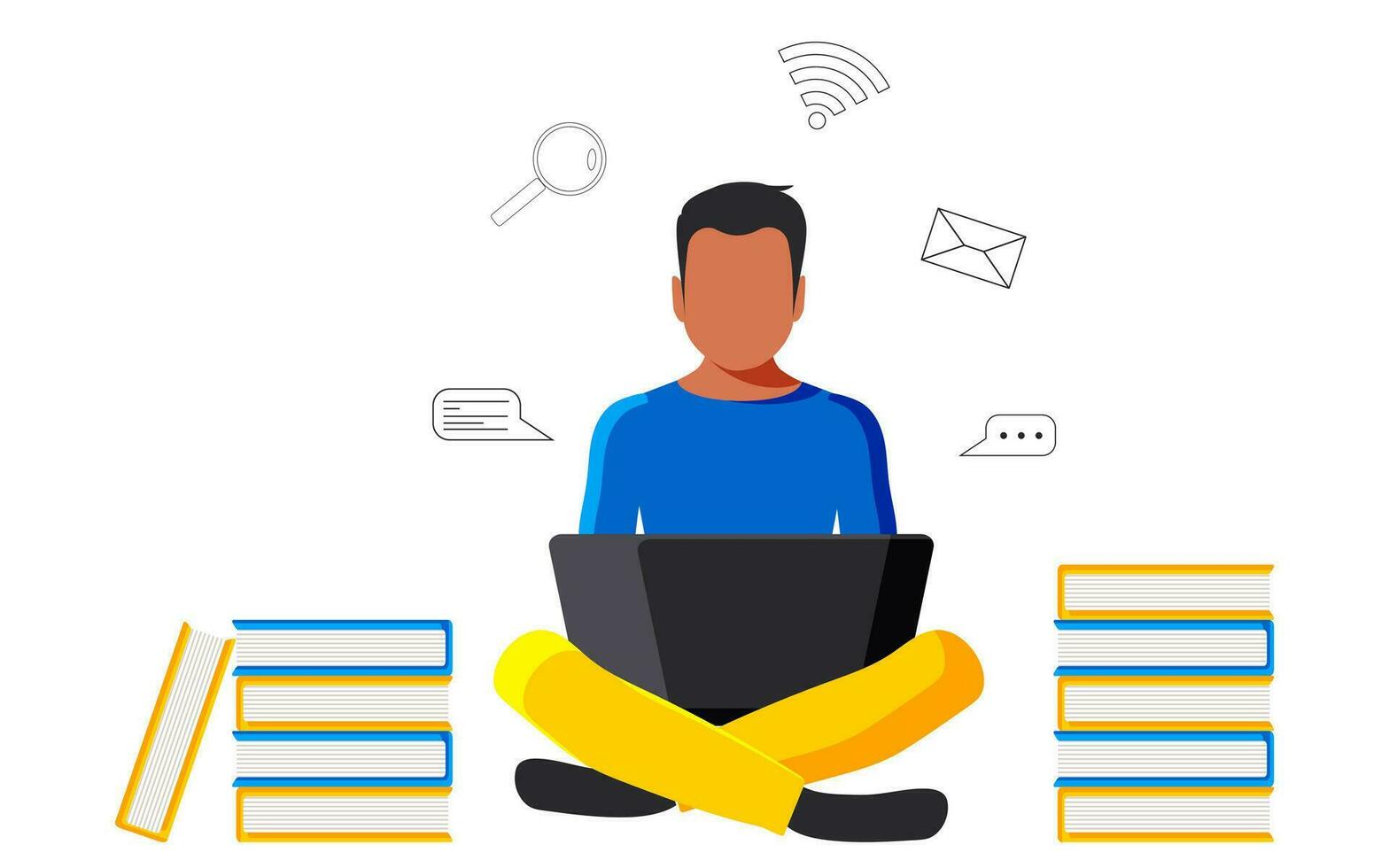 A guy student sits with a laptop on books. Online education concept. Freelancer working remotely. Vector. vector