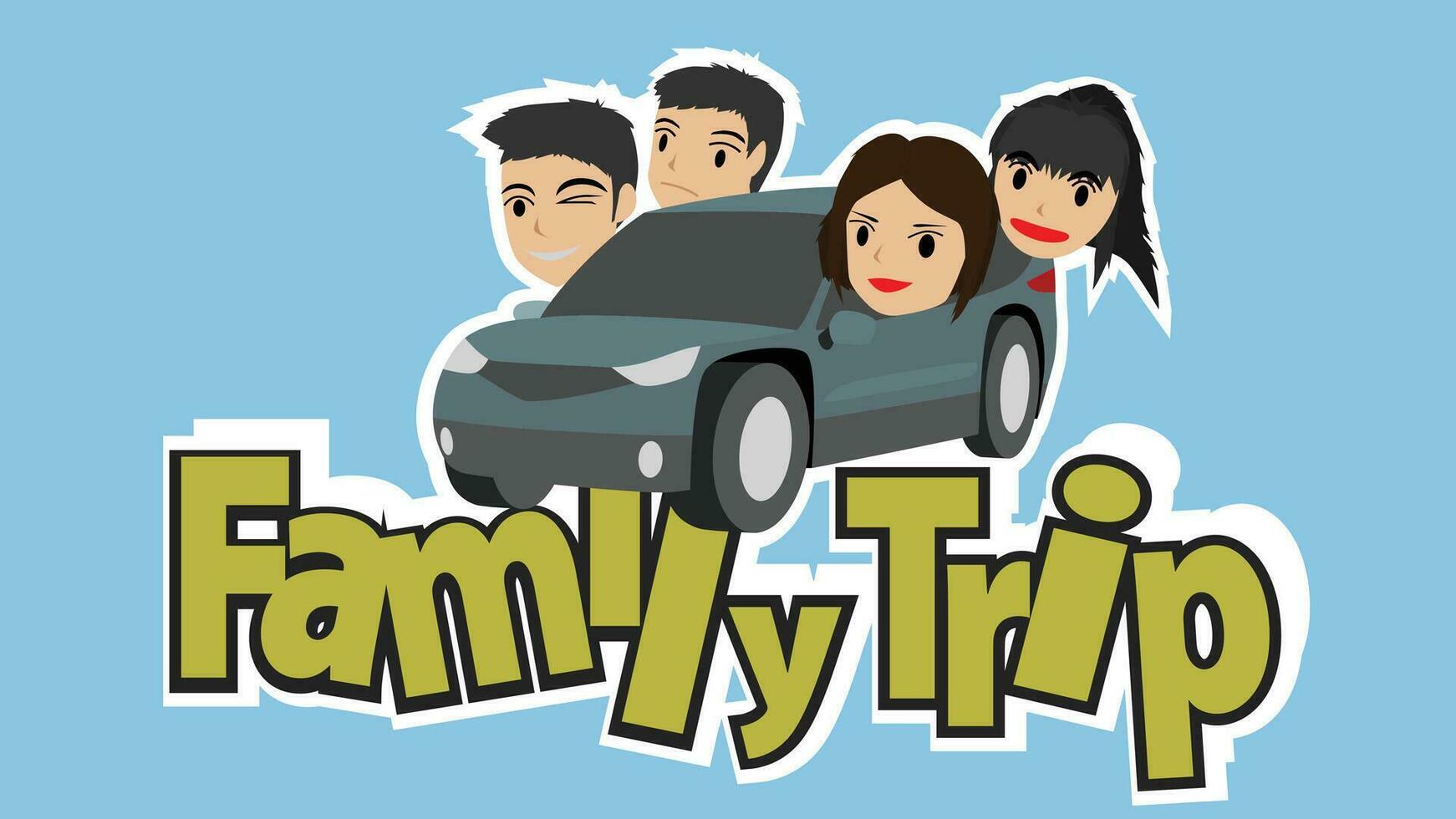 Object of logo for family trip. Heads of father, mother, son and daughter are assembled on the body of the car. Family car on text. Isolated on blue background. vector