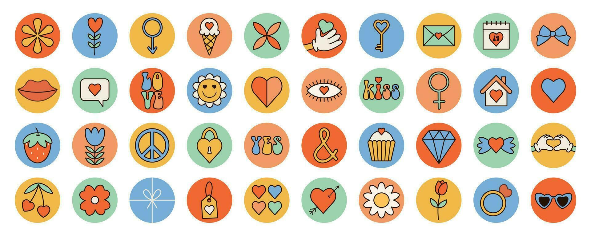 Groovy love 70s set. Retro sticker pack. Cartoon icons for Happy Valentine's, Women's, Mother's day vector