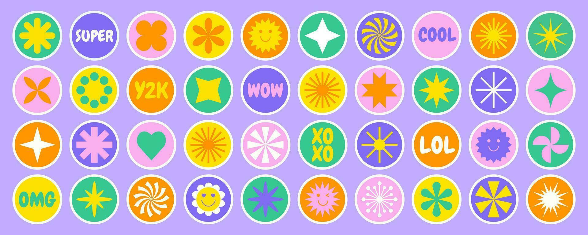 Y2K sticker pack. Cool abstract shapes icon set. Trendy retro groovy patches. Cartoon aesthetic vector illustration.