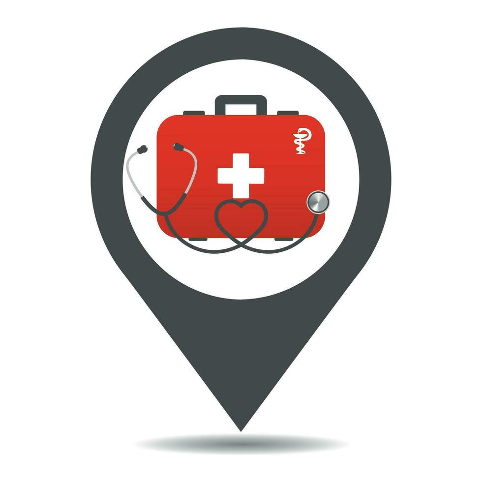 Illustration of a medical clinic and laboratory signpost with a suitcase vector