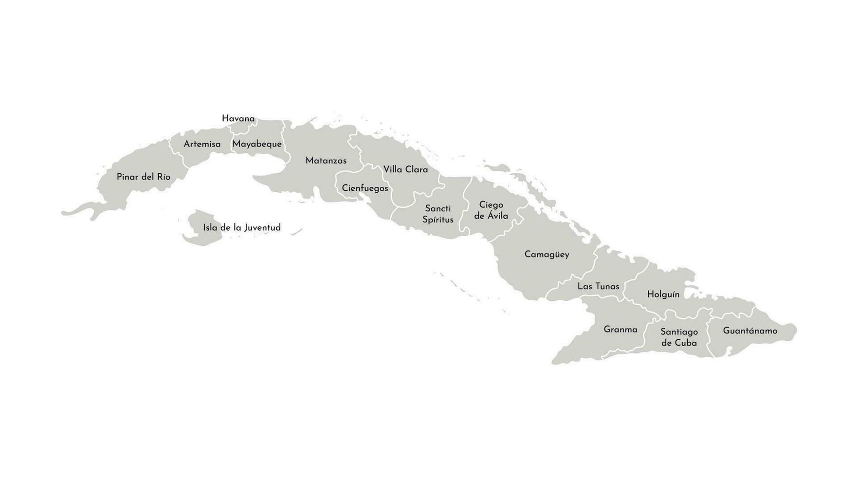 Vector isolated illustration of simplified administrative map of Cuba. Borders and names of the provinces, regions. Grey silhouettes. White outline