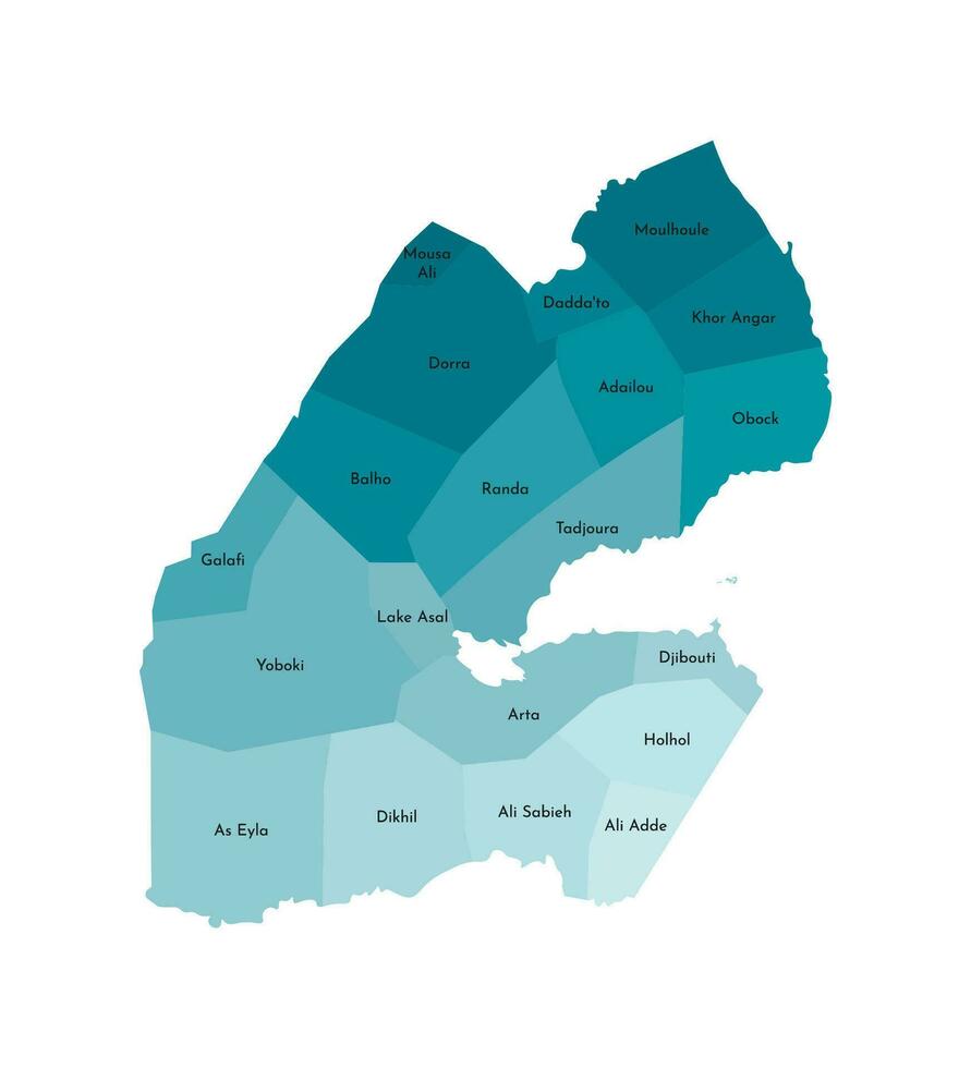 Vector isolated illustration of simplified administrative map of Djibouti. Borders and names of the districts, regions. Blue silhouettes.