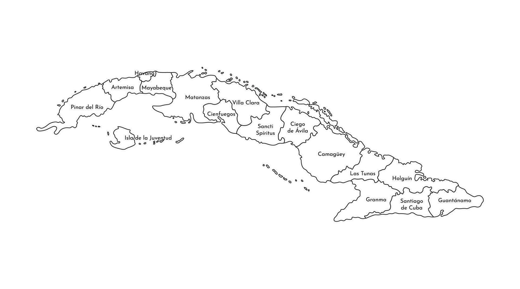 vector aislado ilustración de simplificado administrativo mapa de Cuba. fronteras y nombres de el provincias, regiones. blanco siluetas negro contorno