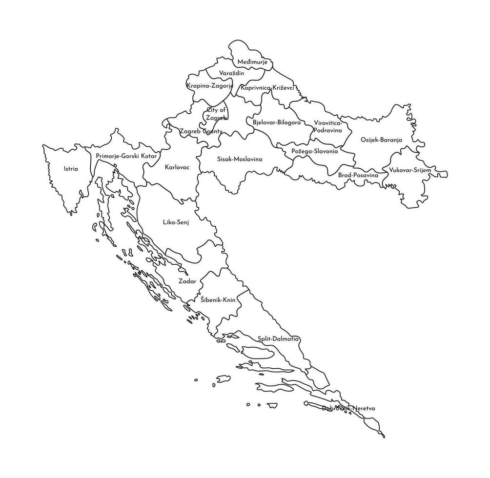 Vector isolated illustration of simplified administrative map of Croatia. Borders and names of the provinces, regions. White silhouettes. Black outline.