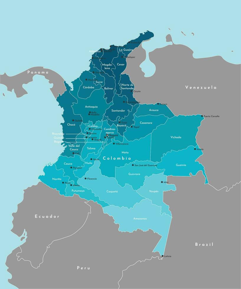 Vector illustration. Simplified administrative map of Colombia and border with neighboring countries. Blue background of Pacific Ocean and Caribbean Sea. Names of big cities and departments, regions