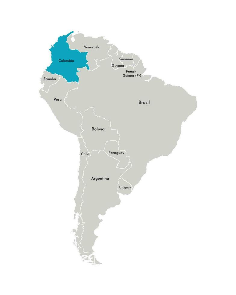 Vector illustration with simplified map of South America continent with blue contour of Colombia. Grey silhouettes, white outline of states border.