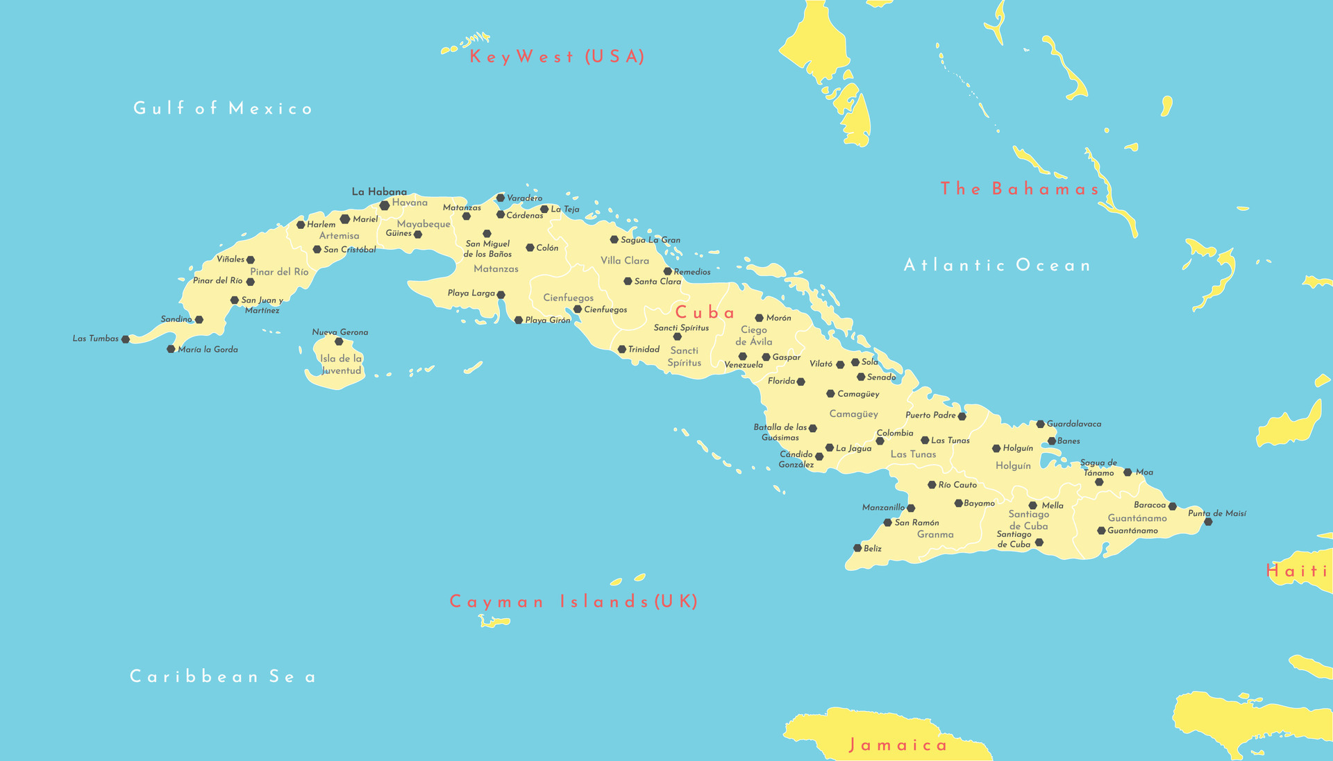Vector illustration. Simplified geographical map of Cuba and Bahamas, Haiti, Jamaica, Cayman