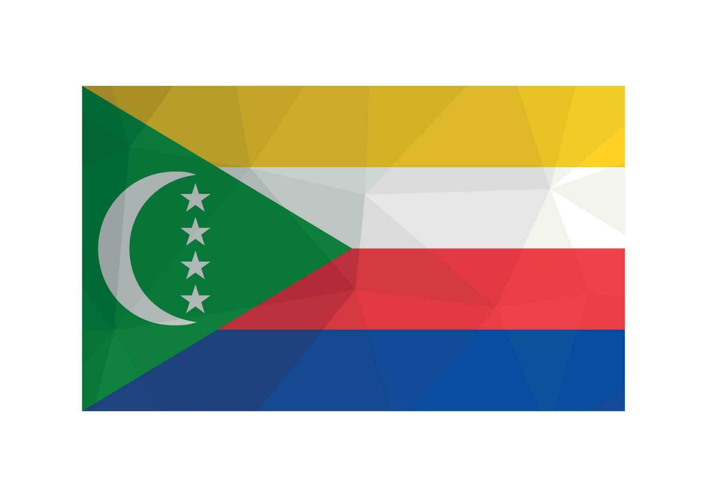 vector ilustración. oficial bandera de Comoras. nacional bandera con multi color rayas, creciente y estrellas. creativo diseño en bajo escuela politécnica estilo con triangular formas