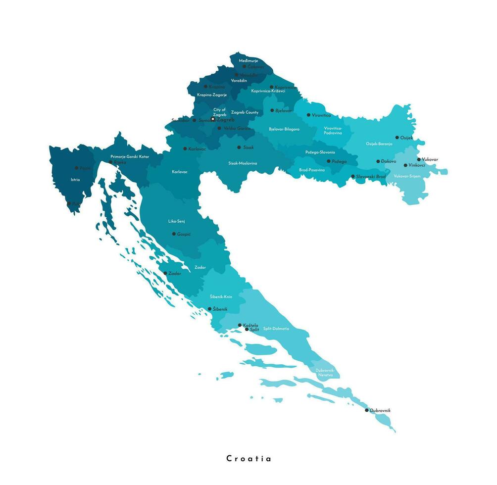 vector moderno aislado ilustración. simplificado administrativo mapa de Croacia en azul colores. blanco antecedentes. nombres de croata ciudades y condados, regiones