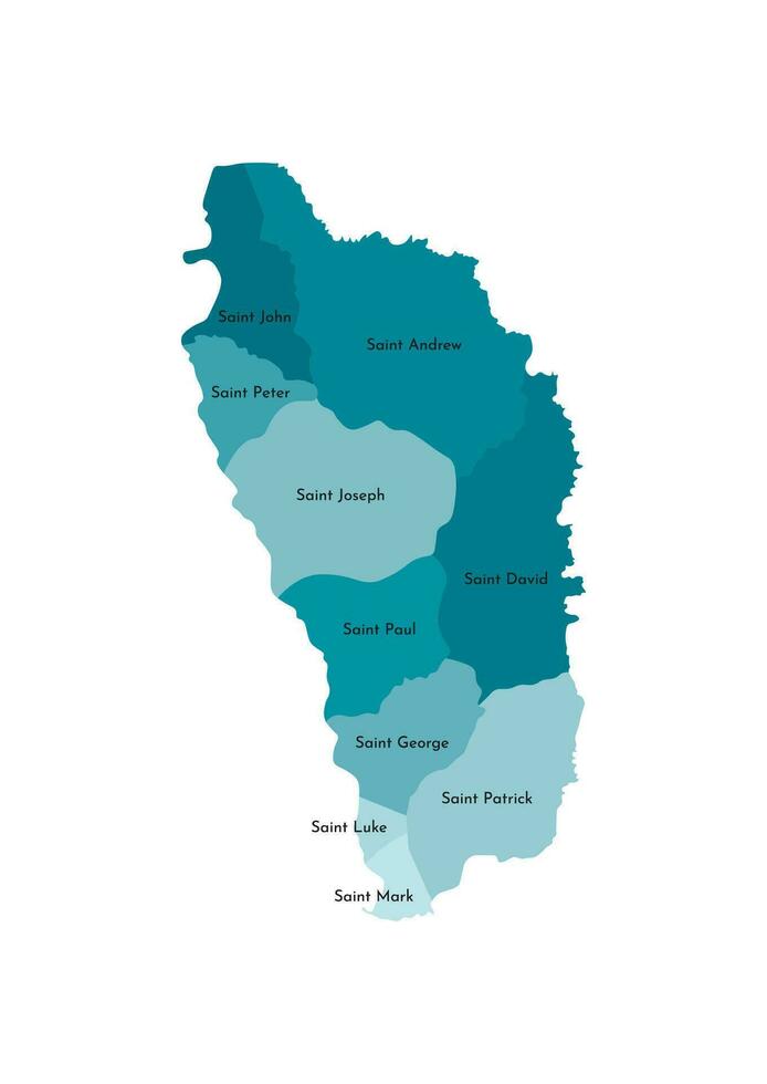 Vector isolated illustration of simplified administrative map of Dominica. Borders and names of the parishes, regions. Colorful blue khaki silhouettes