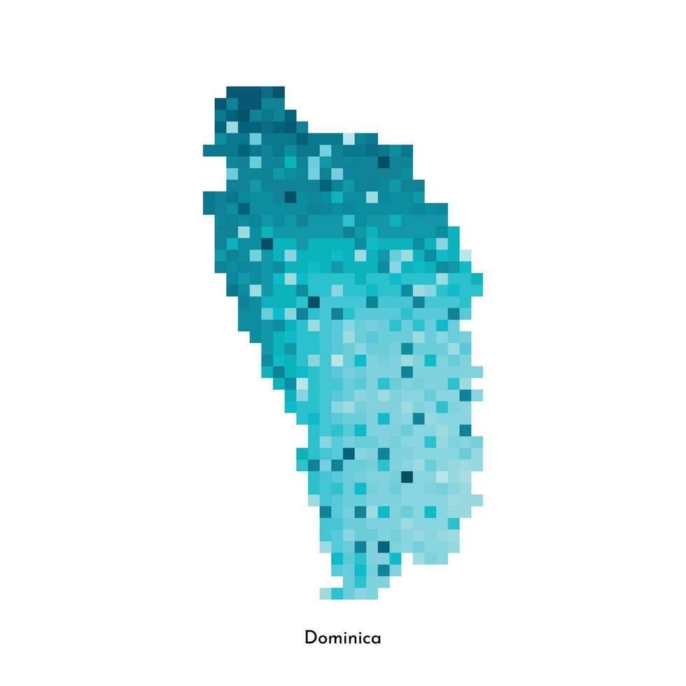 Vector isolated geometric illustration with simplified icy blue silhouette of Dominica map. Pixel art style for NFT template. Dotted logo with gradient texture for design on white background
