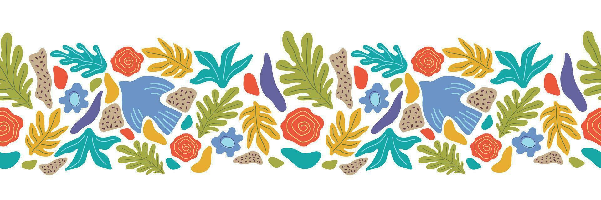 Seamless spring border. Abstract flowers, leaves, bird. Isolated elements. Modern vector illustration.