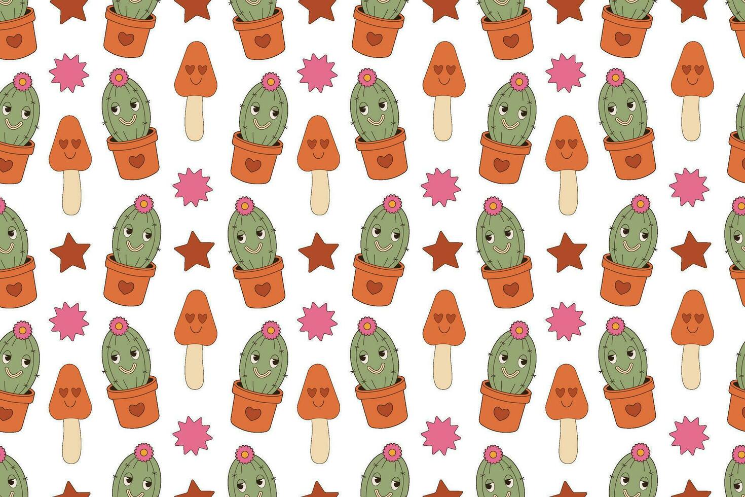 Seamless groovy pattern. Cactus, mushrooms, stars. Characters in retro cartoon style. vector