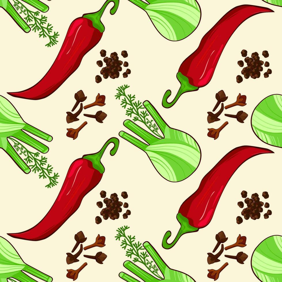 sin costura modelo con pimienta y hinojo. mano dibujado vector ilustración. Perfecto para utilizar a crear culinario proyectos, marca, logo, menús, embalaje, patrones, huellas dactilares, textil diseño