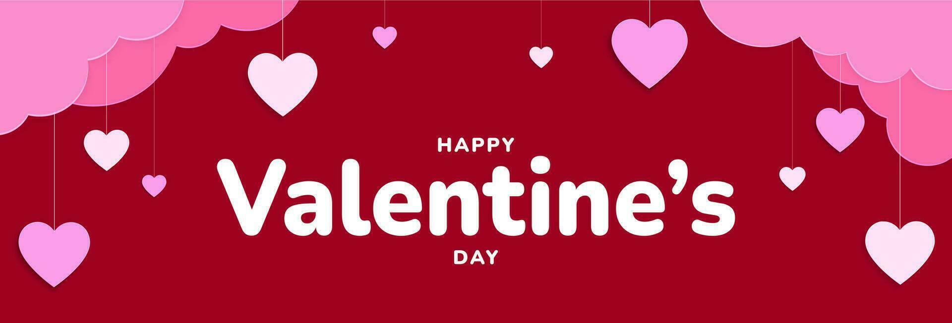 Valentines Day background. Red and pink paper hearts, clouds. Holiday banner, greeting card, poster or website design. Vector illustration