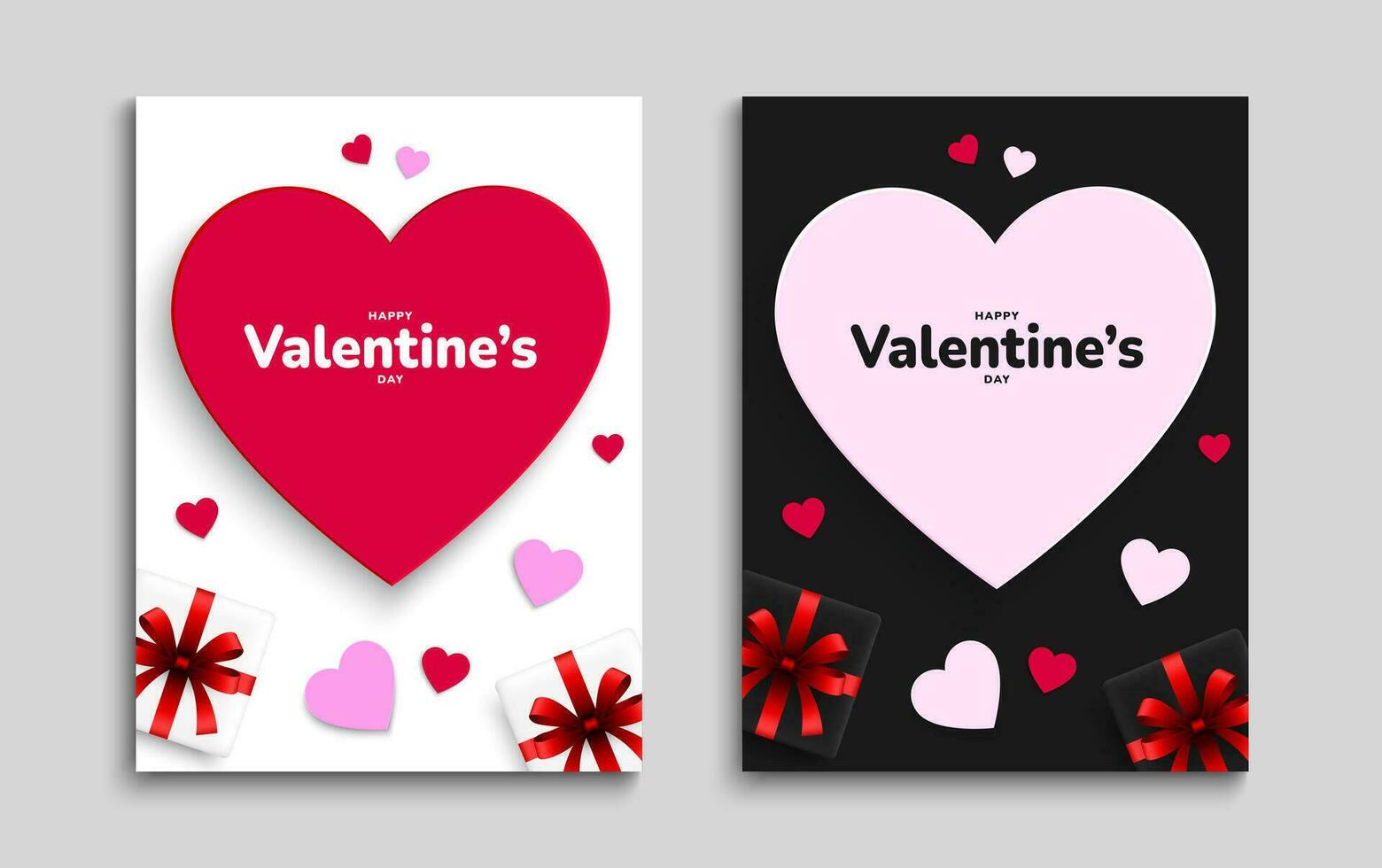 Valentines day greeting card set with 3d red and pink paper hearts, gift boxes. Poster, cover, flyer template. Vector illustration