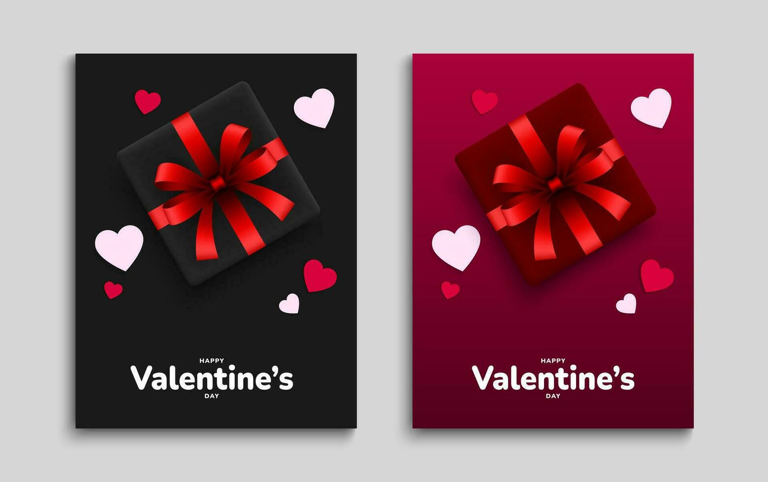 san valentin día saludo tarjeta conjunto con 3d rojo y rosado papel corazones, regalo cajas póster, cubrir, volantes modelo. vector ilustración
