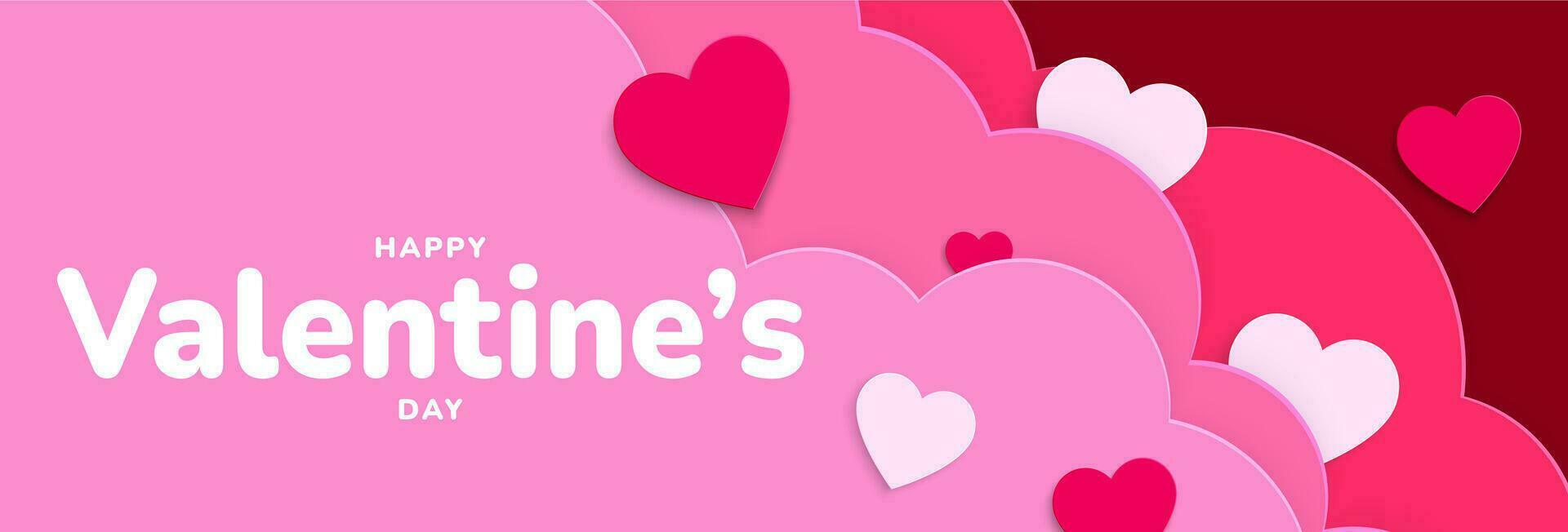 Valentines Day background. Red and pink paper hearts, clouds. Holiday banner, greeting card, poster or website design. Vector illustration
