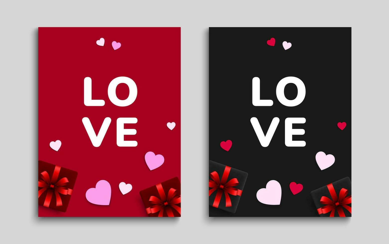 Valentines day greeting card set with 3d red and pink paper hearts, gift boxes. Poster, cover, flyer template. Vector illustration