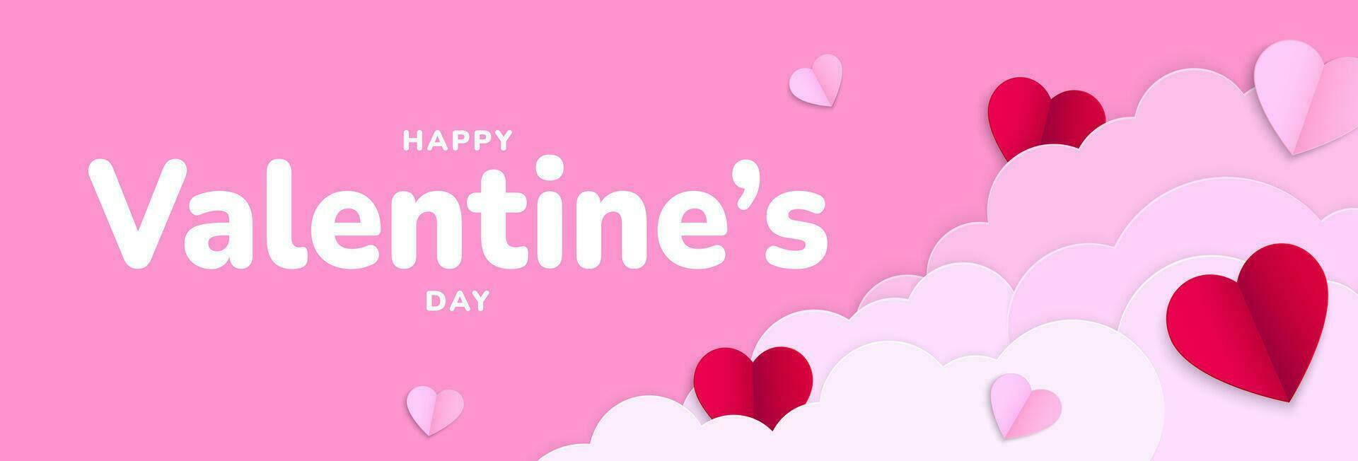 Happy Valentines Day. Valentine background design with paper clouds, flying red and pink heart shapes. Vector illustration