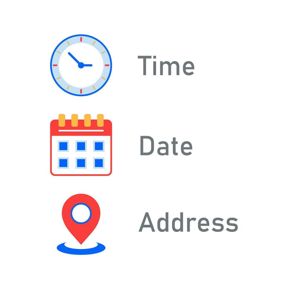 Address, date, time icons. Event elements. Location place, date reminder vector