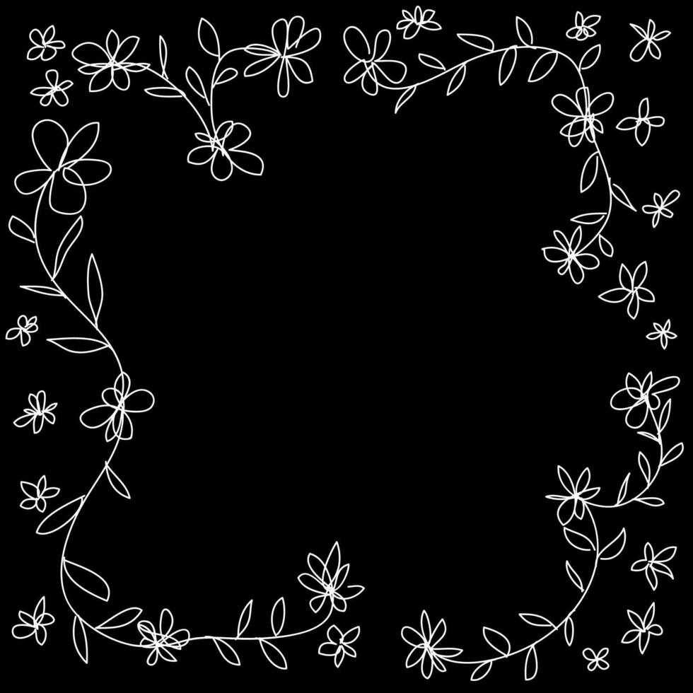 Hand drawn vector frame in a linear style in the form of white flowers and leaves on a black background