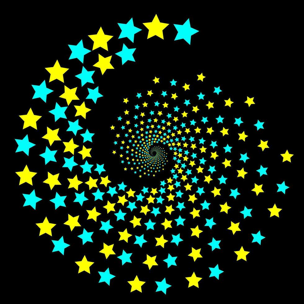Vector abstract pattern in the form of gold and blue stars arranged in a spiral on a black background