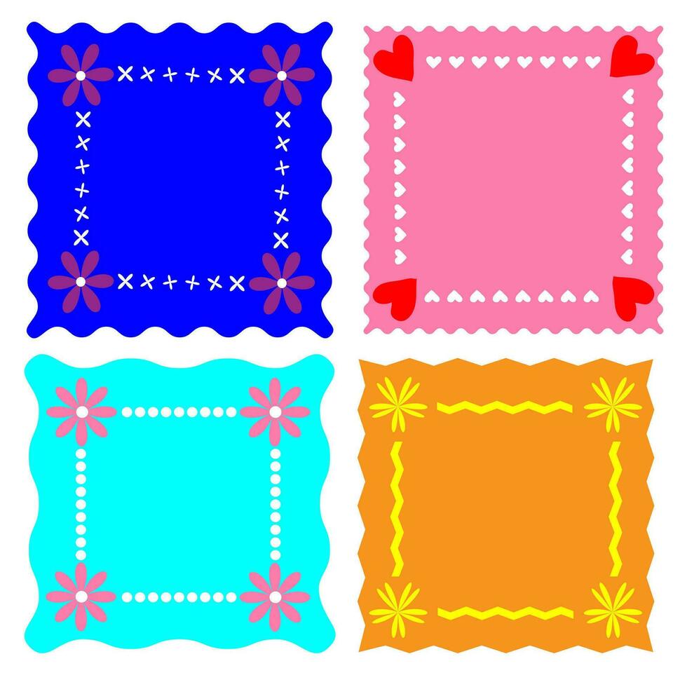 Vector set of four multi-colored square frames decorated with flowers and hearts
