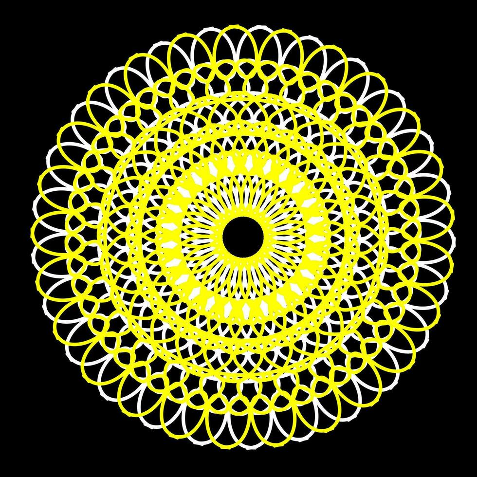 Original vector pattern in the form of a mandala of yellow and white flowers located in a circle on a black background