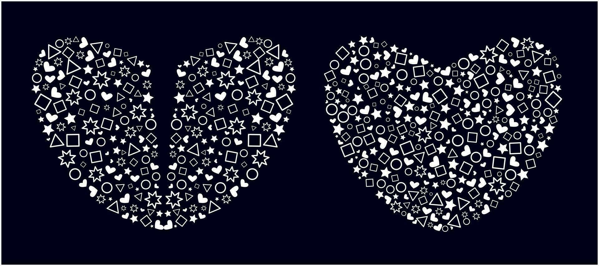 Vector illustration of heart shapes filled with memphis circles, squares, triangles. Suitable for love, romance, or valentine's day.