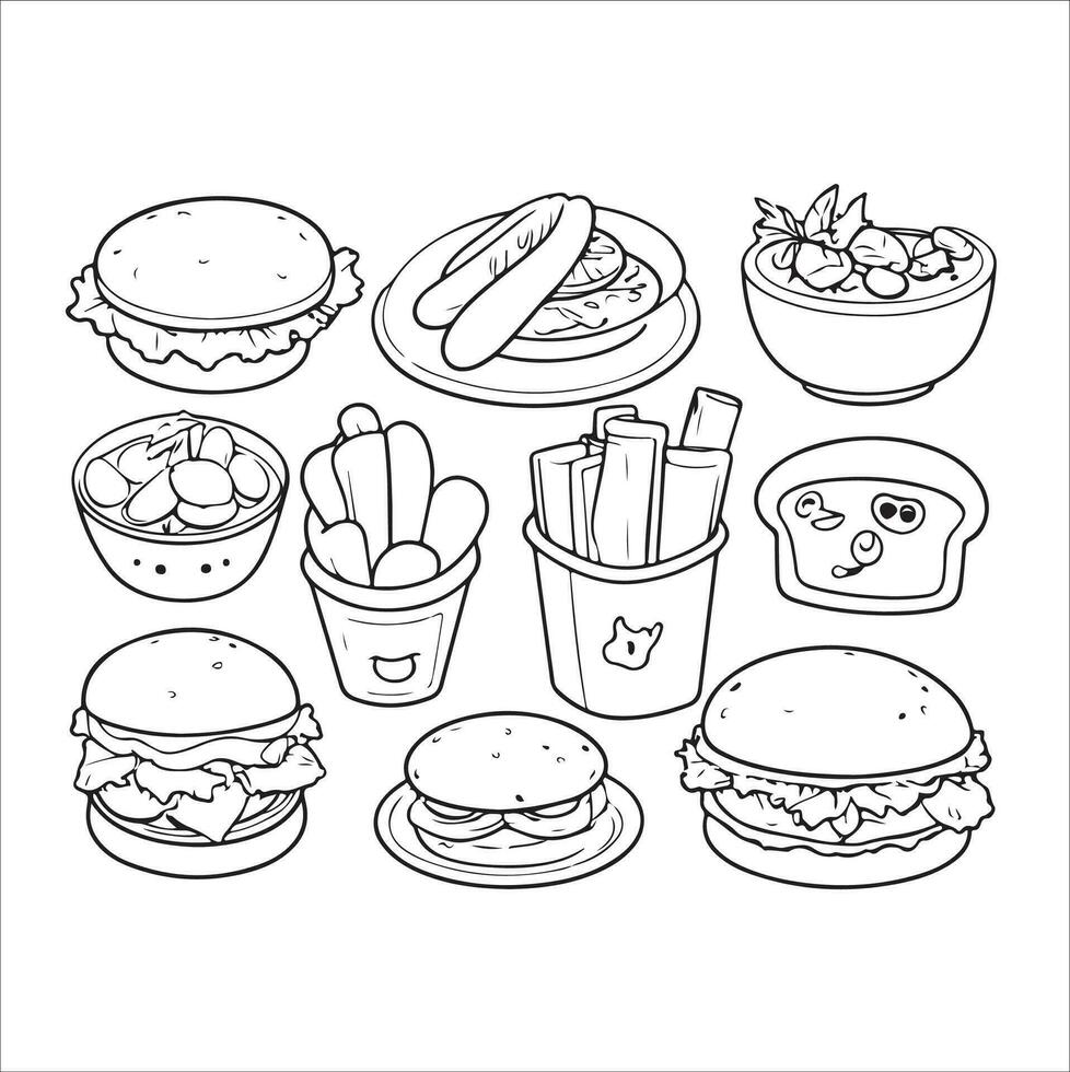 Fast food set. Monochrome sketch with street food and drinks, sweets and bakery, sandwich and pizza, Chinese noodles and sausages. Doodle print for cafe menu design. Cartoon flat vector collection