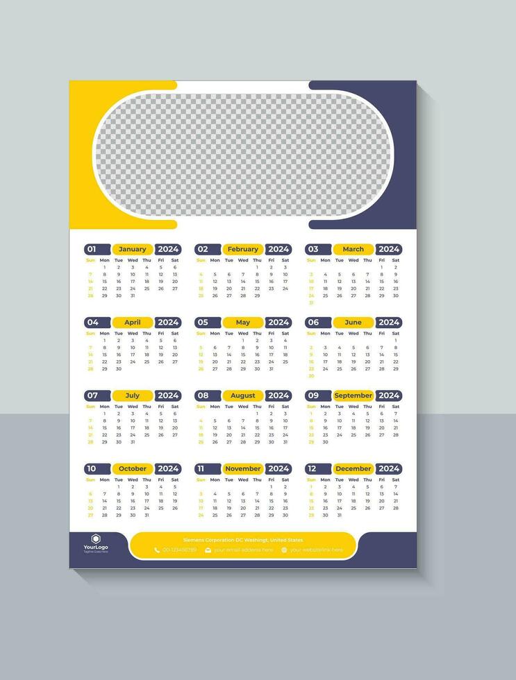 moderno 2024 uno página pared calendario diseño, negocio uno página calendario 2024 plantilla, gratis descargar vector