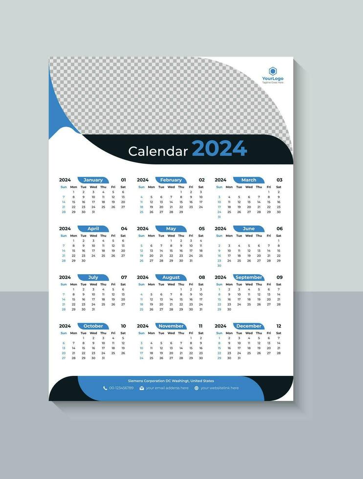 Creative 2024 One Page Wall Calendar Design, Business One Page Calendar 2024 Template, Free Download vector