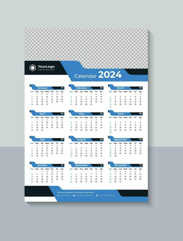Modern 2024 One Page Wall Calendar Design, Business One Page Calendar 2024 Template, Free Download vector