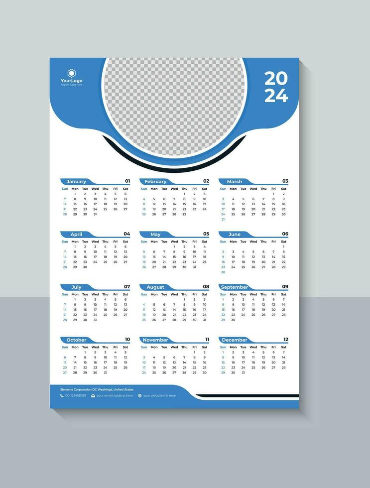 Creative 2024 One Page Wall Calendar Design, Business One Page Calendar 2024 Template, Free Download vector