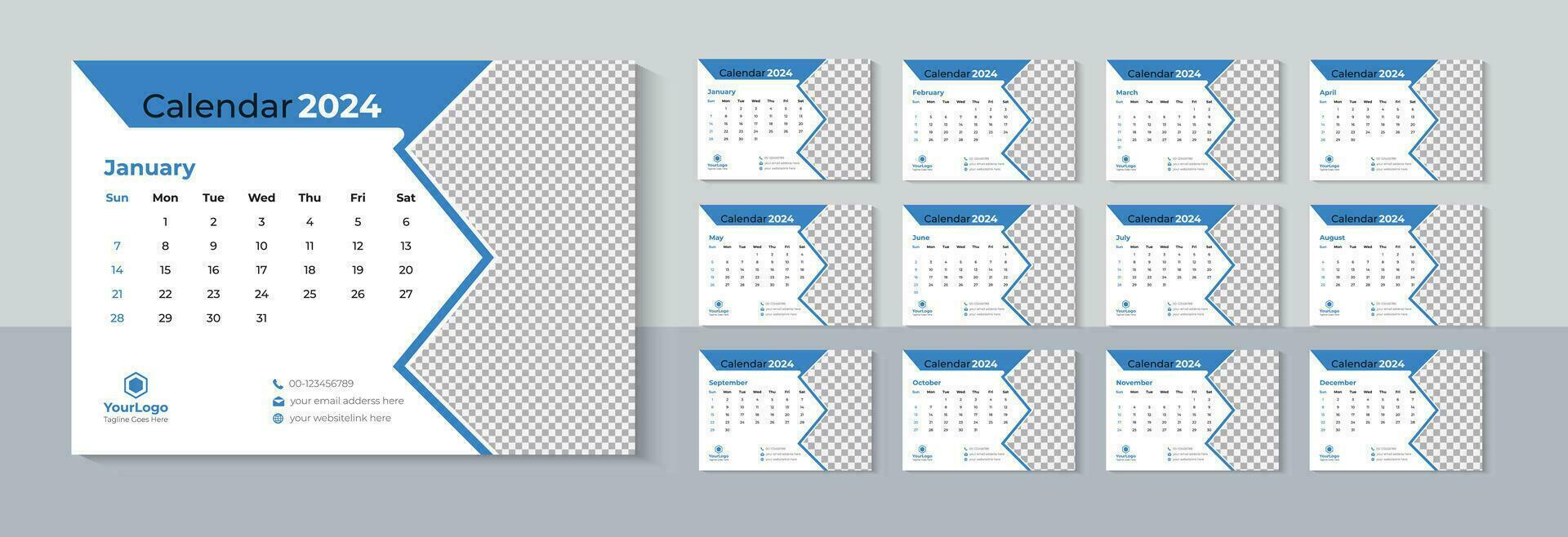 escritorio calendario 2024 diseño, negocio calendario 2024 plantilla, nuevo año 2024, mesa calendario, 12 meses incluido, gratis descargar vector