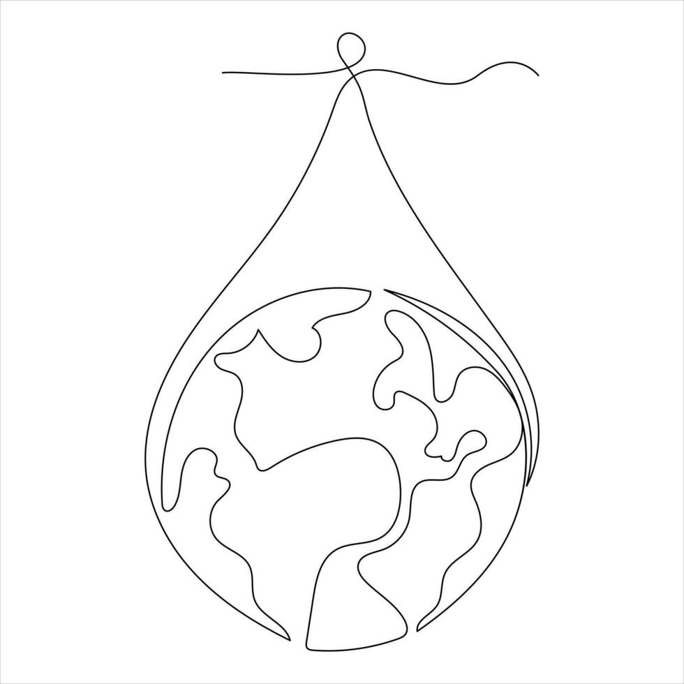 single line continuous drawing earth water drop and concept world water day outline vector illustration