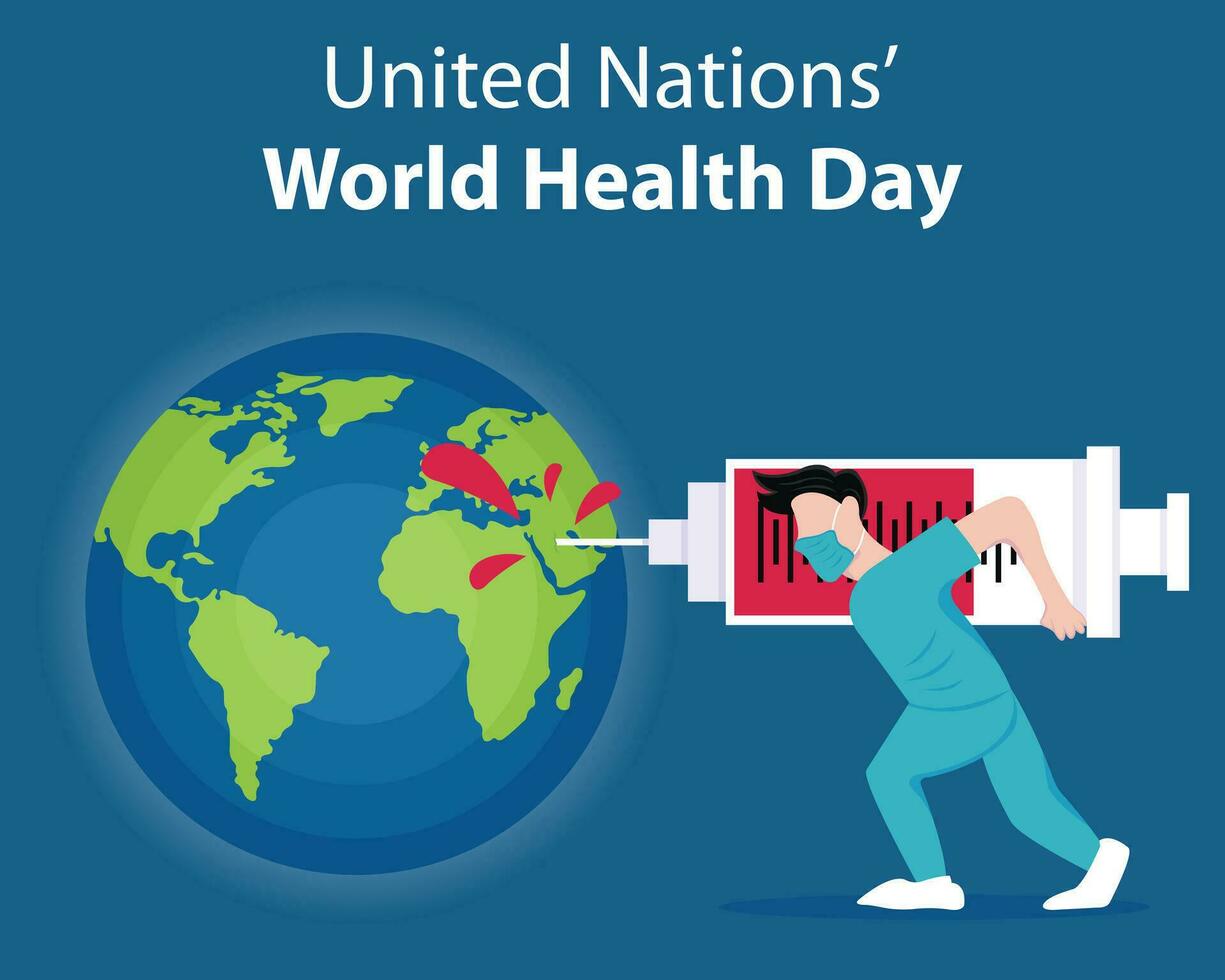 illustration vector graphic of patient injects blood into planet earth, perfect for international day, united nation, world health day, celebrate, greeting card, etc.