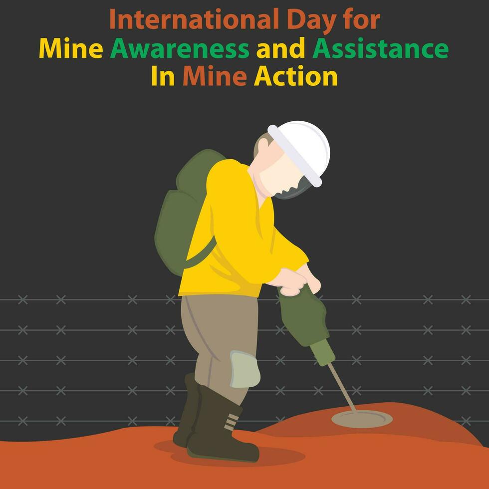 illustration vector graphic of an officer is searching the ground for mines with a mine detector, perfect for international day, mine awareness, assistance, mine action, celebrate, greeting card, etc.