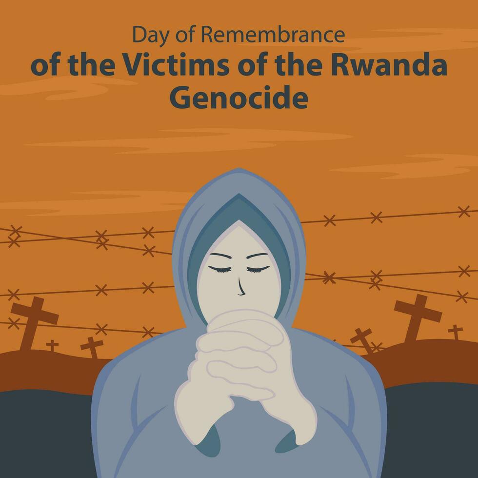 illustration vector graphic of a woman wearing a veil is praying in the middle of a mass grave, perfect for international day, remembrance, victims of rwanda, genocide, celebrate, greeting card, etc.