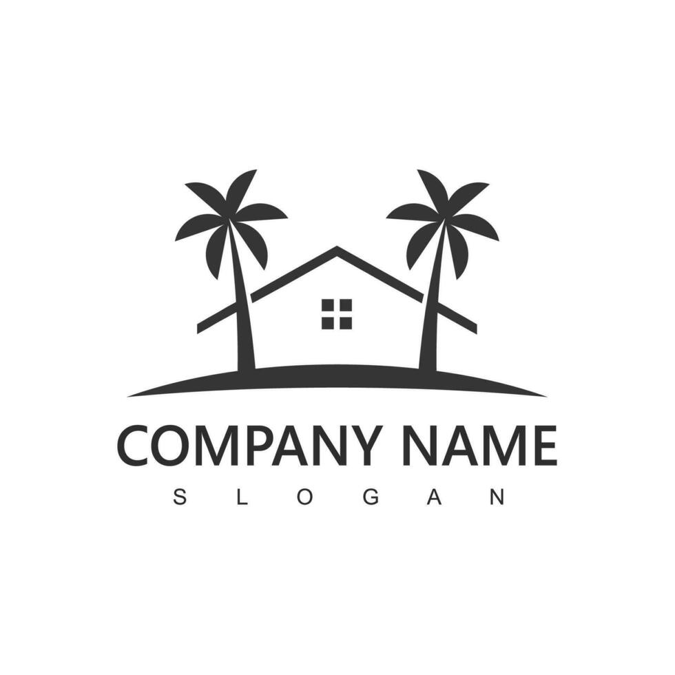 pueblo logo, casa y playa diseño modelo para aldea, hotel y viaje empresa vector
