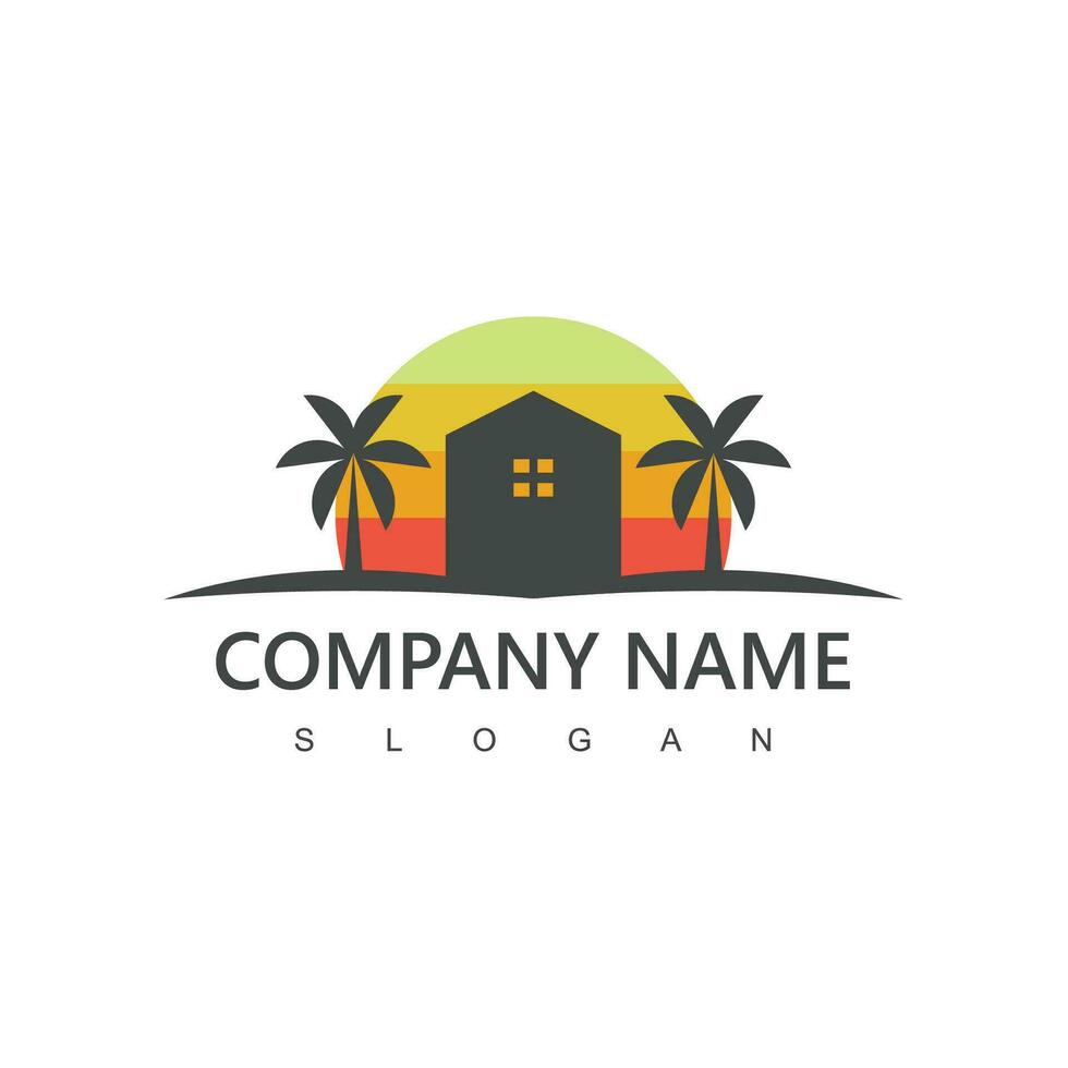 Village logo, house and beach design template for village, hotel and travel company vector