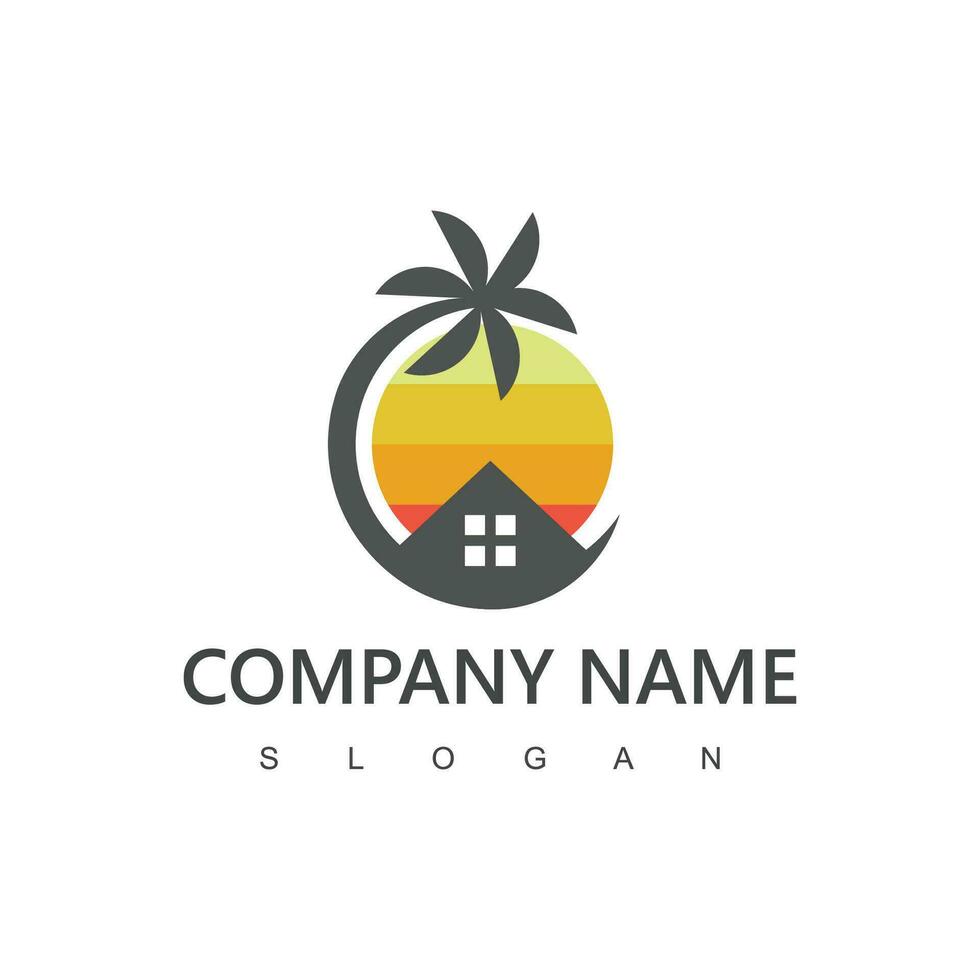 Village logo, house and beach design template for village, hotel and travel company vector