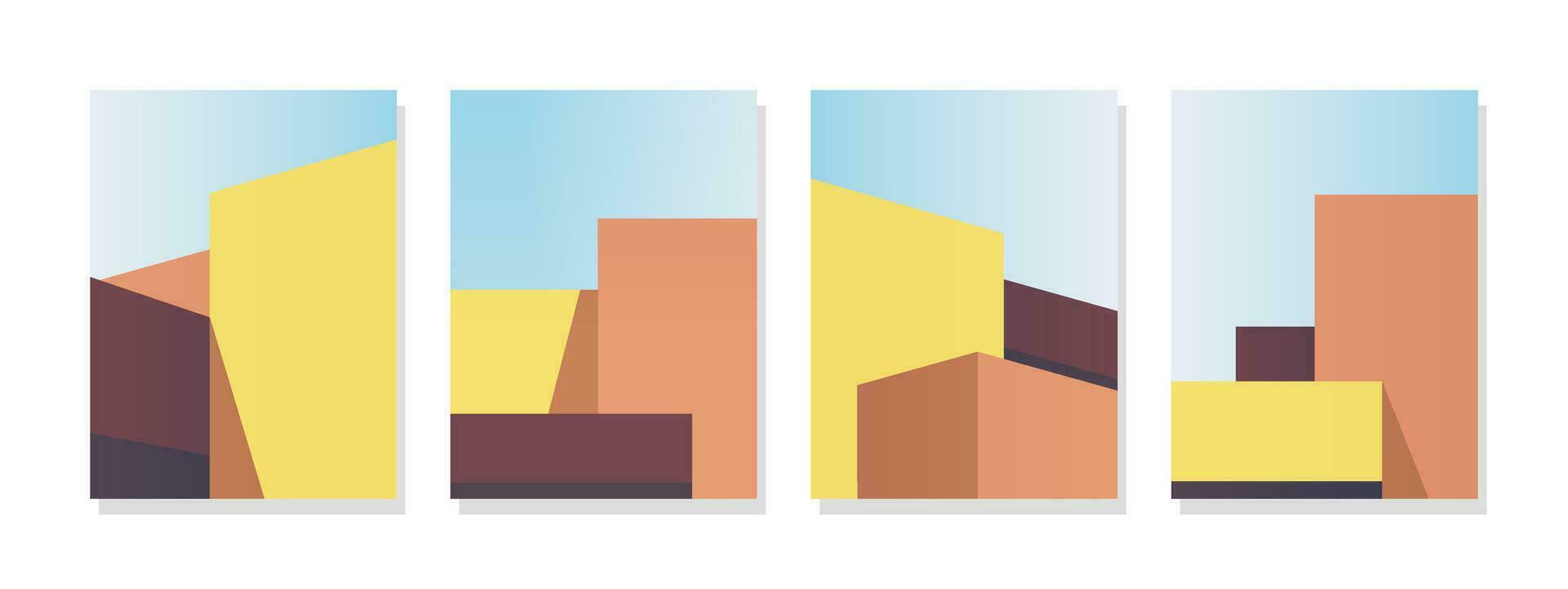 Abstract depiction of geometric buildings in a minimalist modern art style. Facade shapes against a clear sky background. Bright colors ideal for wall art, posters, banners, cards, and decorations. vector