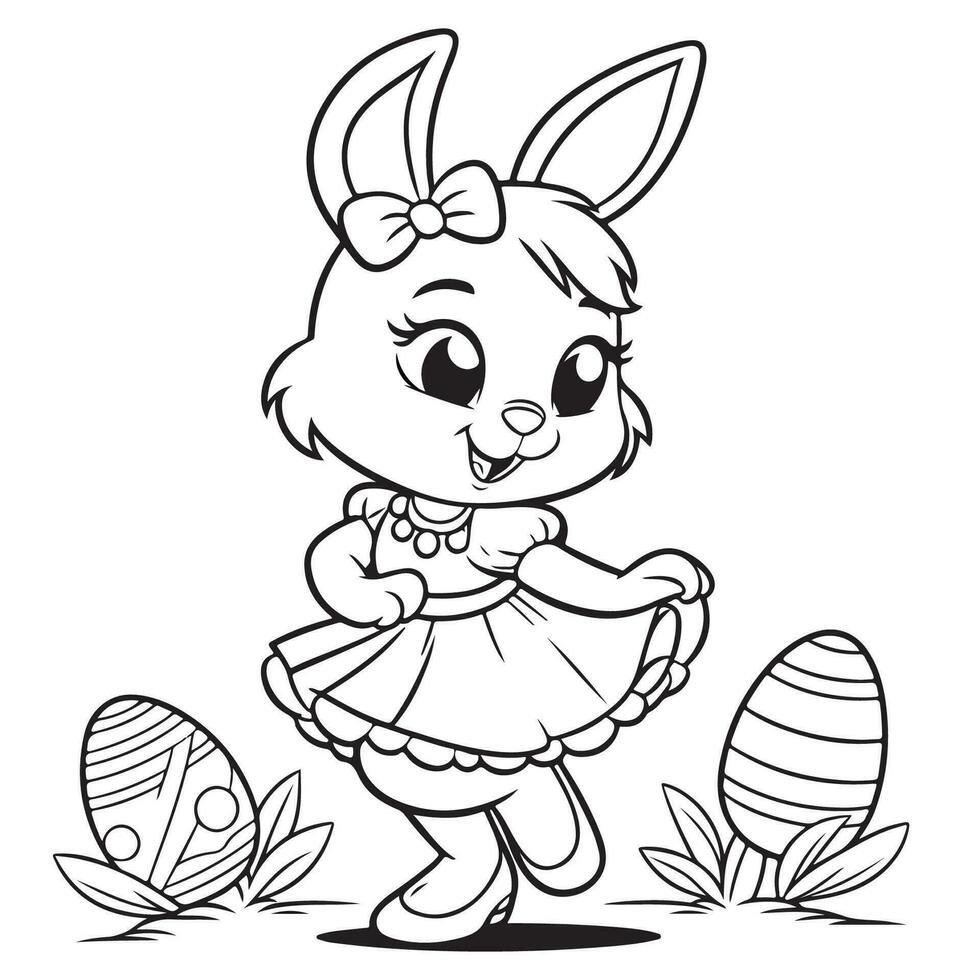Dancing Easter bunny with decorative eggs, flower, star black and white line drawing. EASTER SUNDAY SPECIAL vector